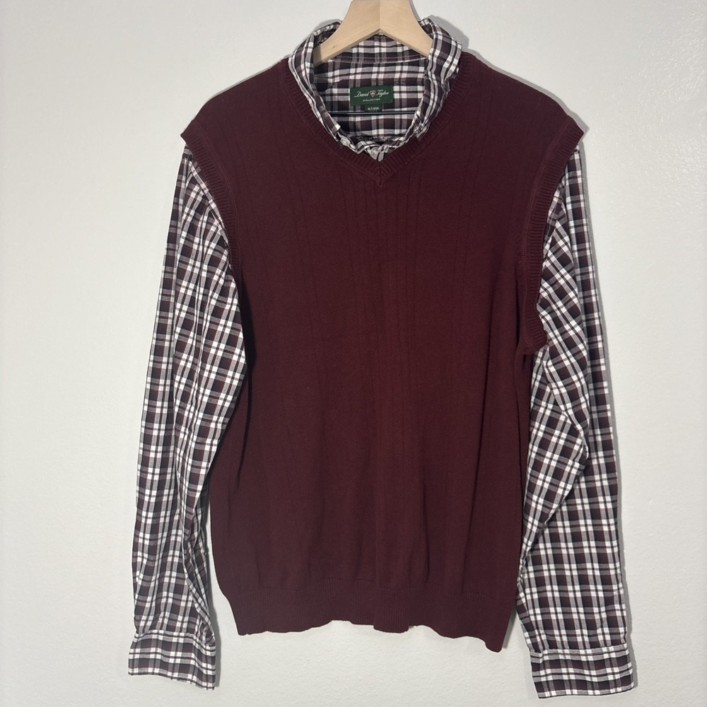 David Taylor 2 in 1 Collared Shirt & Sweater Vest Men's XLT Maroon Long Sleeve